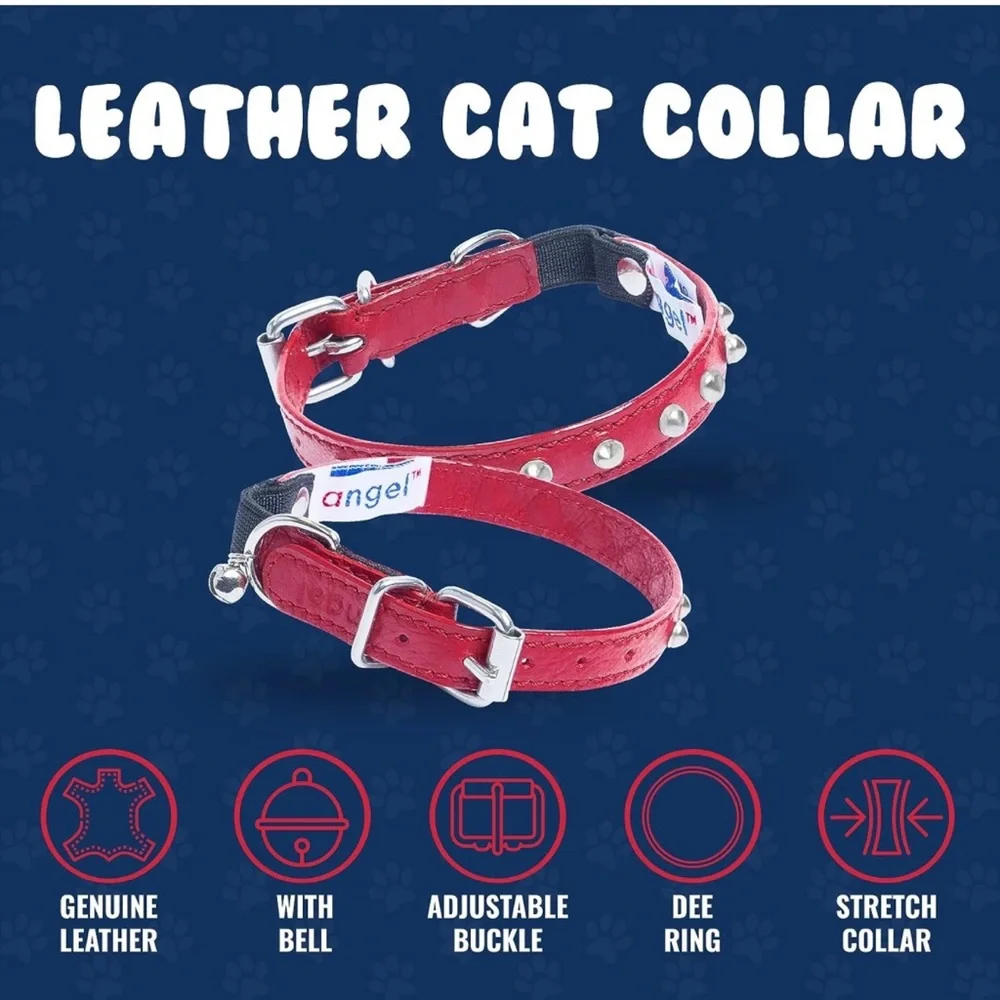 Safety Stretch Naturally Tanned Real Leather Quality Studded Cat Collar Red NWOT